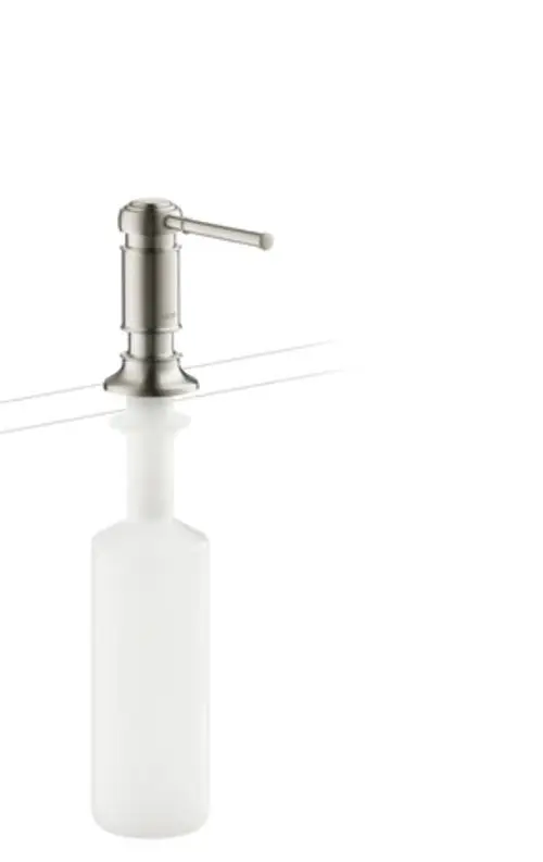 Edelstahl Spender für Spülmittel oder Lotion mit Hebelmechanismus, montiert auf einer Fläche, gestaltet von AXOR.